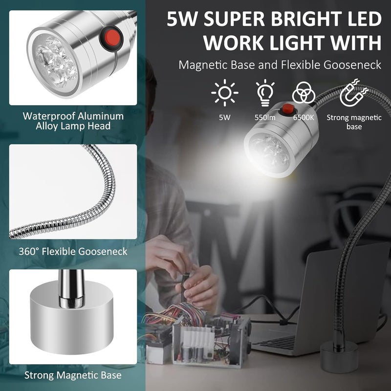 Deeffe Magnetic Work Light, LED Machine Light with Flexible Gooseneck and Magnetic Base, Shop Tool Lamp for Lathe, Work Bench, Sewing Machine, Grill, Desk, Industrial Lighting Silver - Image 2